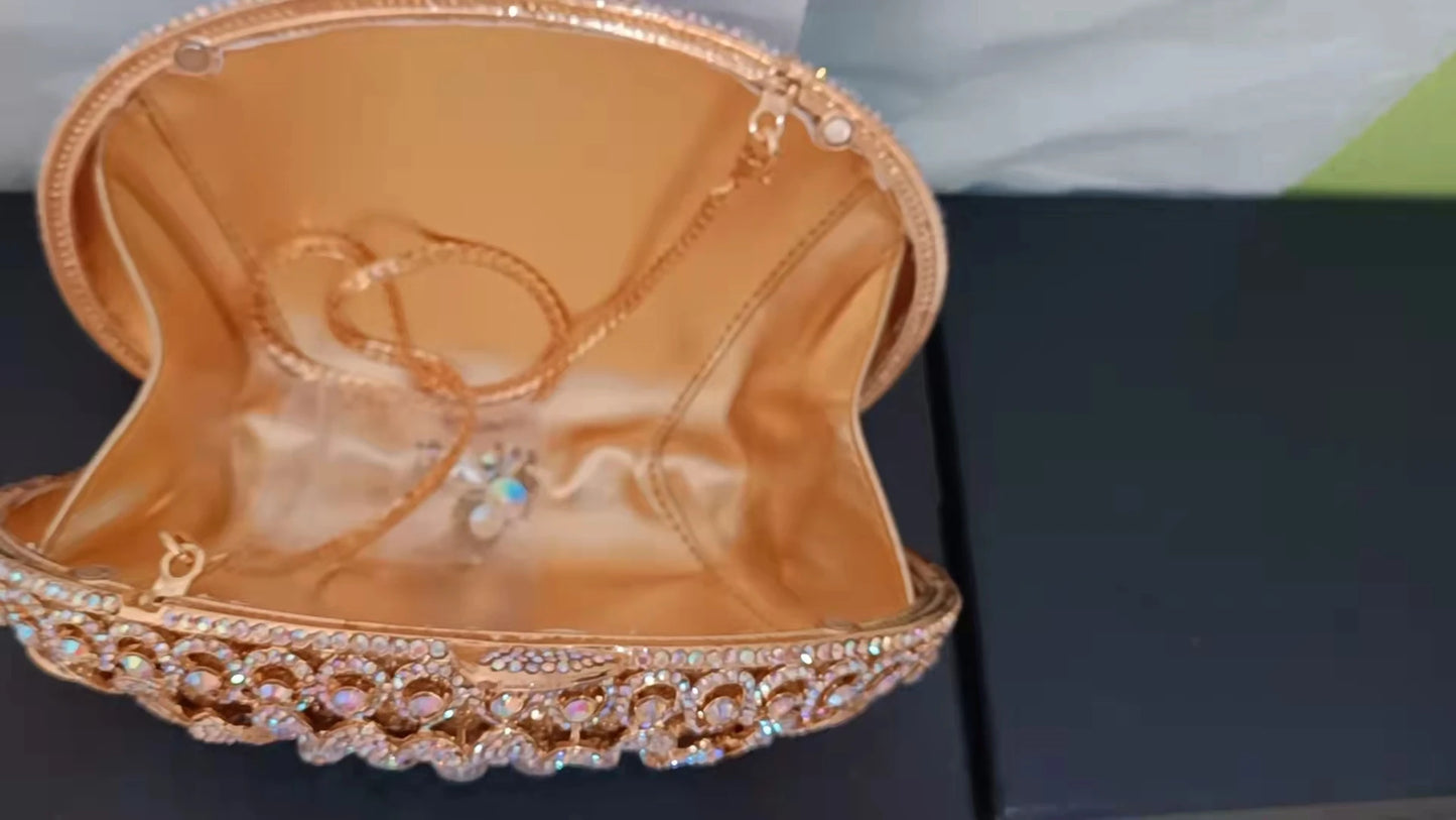 Women Gold AB Crystal Evening Dinner Bag Hollow Out Flower Wedding Clutch Bridal Party Prom Handbag Banquet Diamond Floral Purse