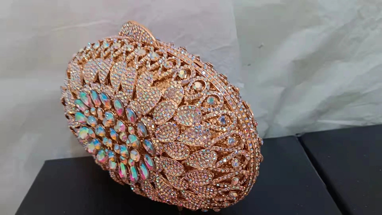 Women Gold AB Crystal Evening Dinner Bag Hollow Out Flower Wedding Clutch Bridal Party Prom Handbag Banquet Diamond Floral Purse