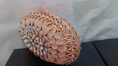 Women Gold AB Crystal Evening Dinner Bag Hollow Out Flower Wedding Clutch Bridal Party Prom Handbag Banquet Diamond Floral Purse