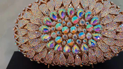Women Gold AB Crystal Evening Dinner Bag Hollow Out Flower Wedding Clutch Bridal Party Prom Handbag Banquet Diamond Floral Purse