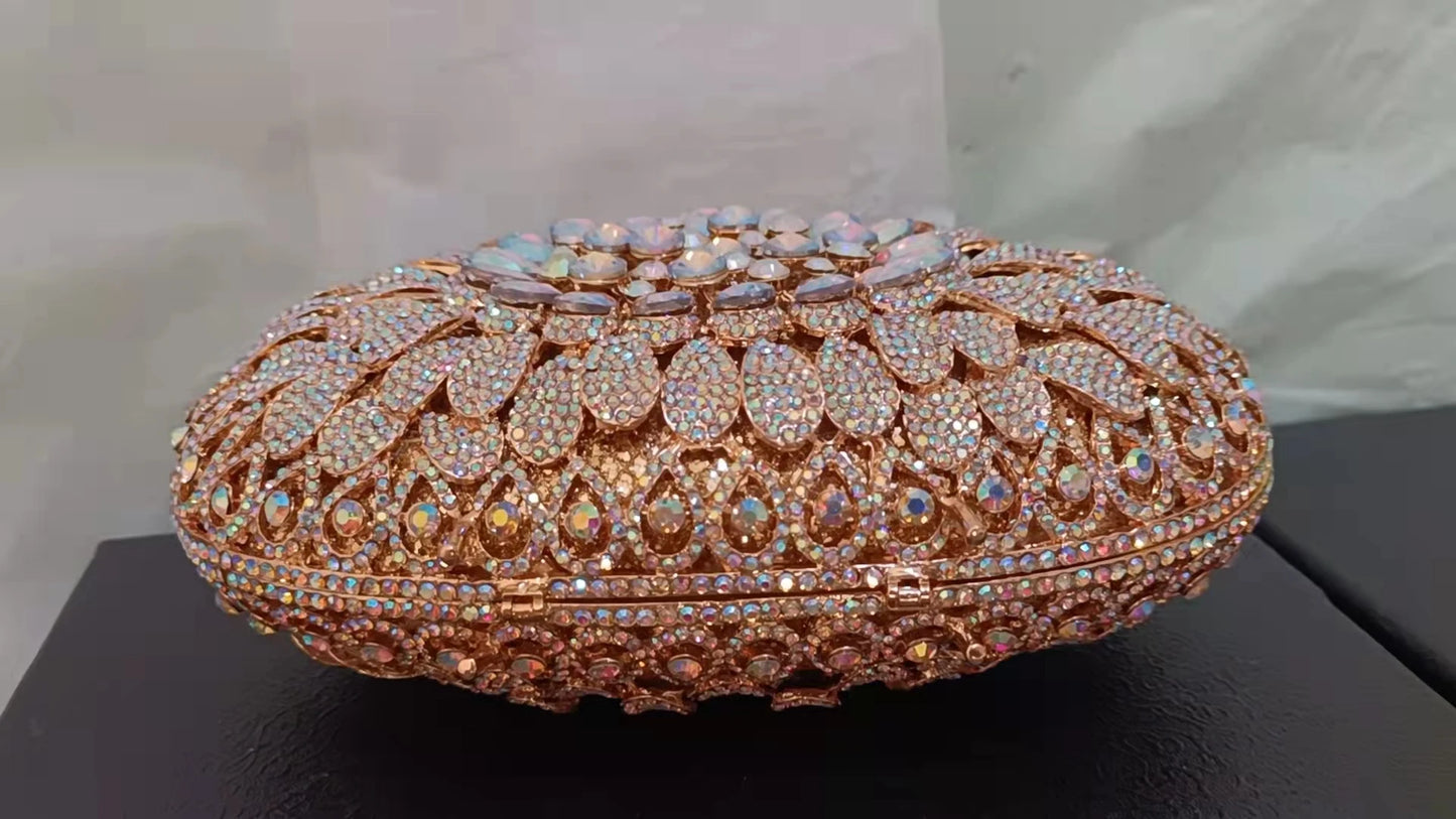 Women Gold AB Crystal Evening Dinner Bag Hollow Out Flower Wedding Clutch Bridal Party Prom Handbag Banquet Diamond Floral Purse