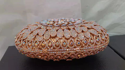 Women Gold AB Crystal Evening Dinner Bag Hollow Out Flower Wedding Clutch Bridal Party Prom Handbag Banquet Diamond Floral Purse