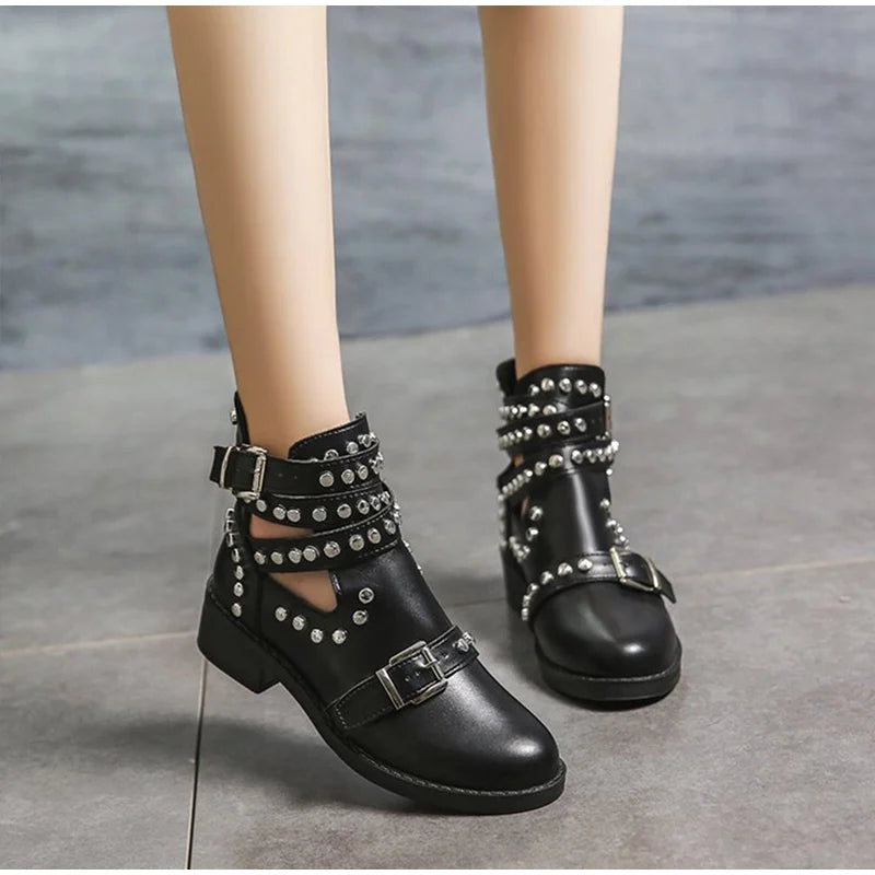 Women Gothic Ankle Boots Rivet Punk Gothic T-strap Shoes Buckle Strap Ladies Chunky Heels Female Party Evening Shoes