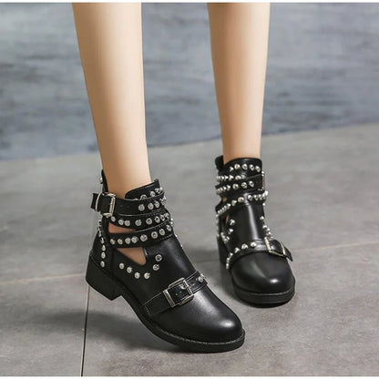 Women Gothic Ankle Boots Rivet Punk Gothic T-strap Shoes Buckle Strap Ladies Chunky Heels Female Party Evening Shoes