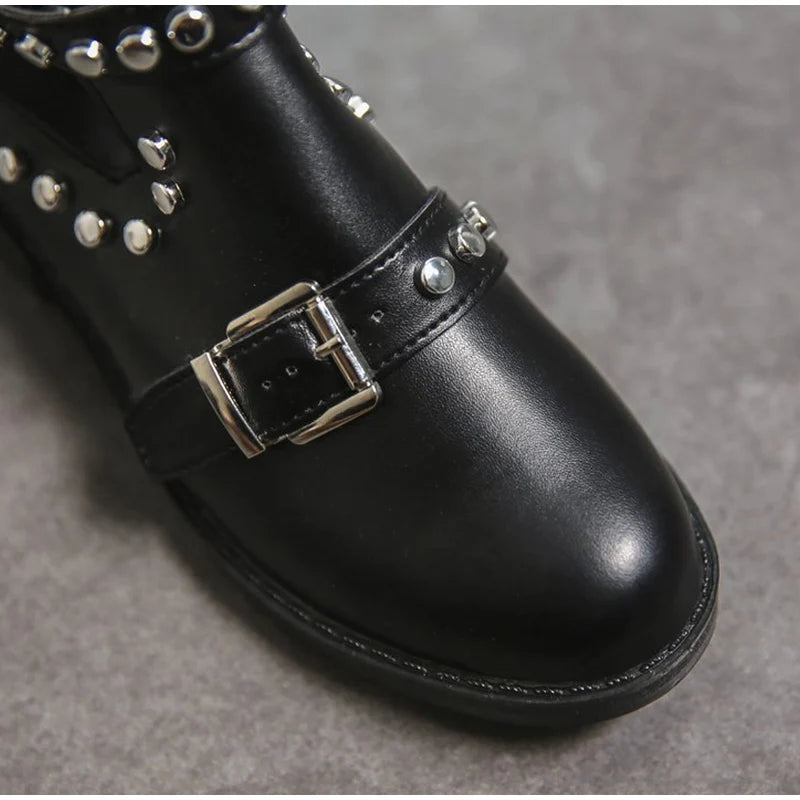 Women Gothic Ankle Boots Rivet Punk Gothic T-strap Shoes Buckle Strap Ladies Chunky Heels Female Party Evening Shoes