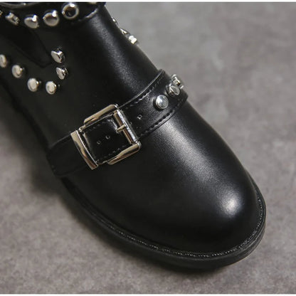 Women Gothic Ankle Boots Rivet Punk Gothic T-strap Shoes Buckle Strap Ladies Chunky Heels Female Party Evening Shoes
