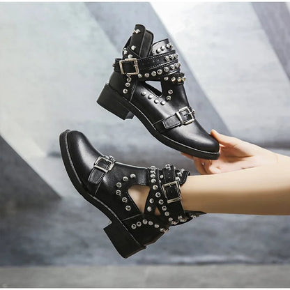 Women Gothic Ankle Boots Rivet Punk Gothic T-strap Shoes Buckle Strap Ladies Chunky Heels Female Party Evening Shoes
