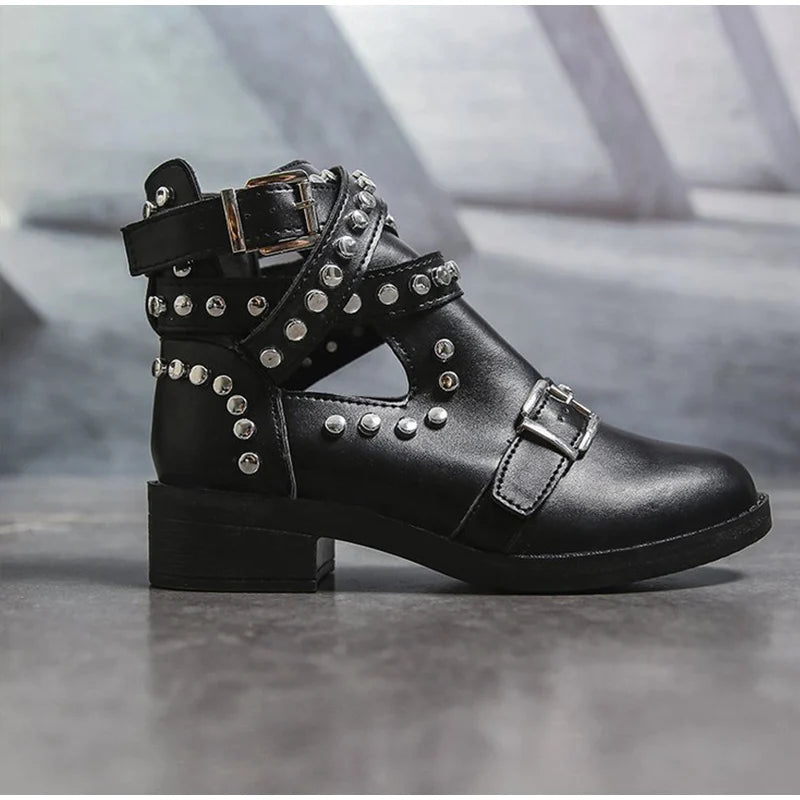 Women Gothic Ankle Boots Rivet Punk Gothic T-strap Shoes Buckle Strap Ladies Chunky Heels Female Party Evening Shoes