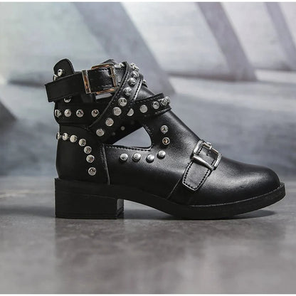Women Gothic Ankle Boots Rivet Punk Gothic T-strap Shoes Buckle Strap Ladies Chunky Heels Female Party Evening Shoes