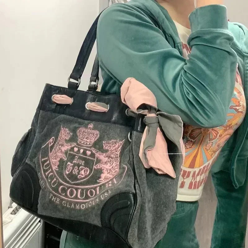 Women Gothic Black Embroidery Velvet Shoulder Bag Vintage Aesthetic Designer Luxury Handbags Pink Tote Bags Big Purses Women