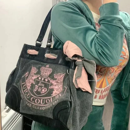 Women Gothic Black Embroidery Velvet Shoulder Bag Vintage Aesthetic Designer Luxury Handbags Pink Tote Bags Big Purses Women