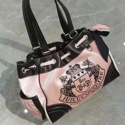 Women Gothic Black Embroidery Velvet Shoulder Bag Vintage Aesthetic Designer Luxury Handbags Pink Tote Bags Big Purses Women
