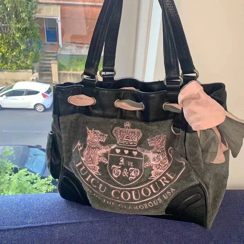 Women Gothic Black Embroidery Velvet Shoulder Bag Vintage Aesthetic Designer Luxury Handbags Pink Tote Bags Big Purses Women