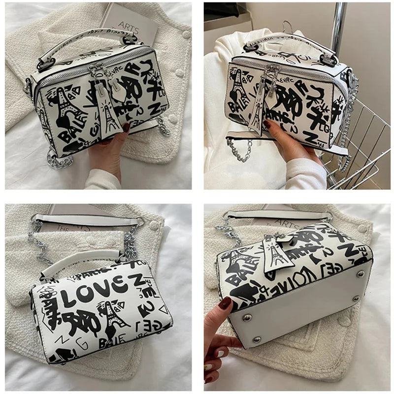 Women Graffiti PU Leather Shoulder Totes Waterproof Handbag Ladies Fashion Designer Crossbody Sling Messenger Bag for Female