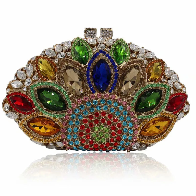 Women Green Blue Pink Champagne Peacock Crystal Clutch Purse Diamond Wedding Bridal Party Evening Bag Cocktail Banquet Handbags