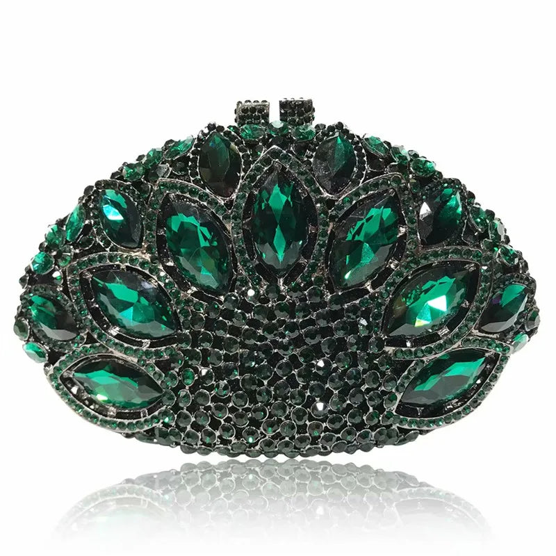 Women Green Blue Pink Champagne Peacock Crystal Clutch Purse Diamond Wedding Bridal Party Evening Bag Cocktail Banquet Handbags