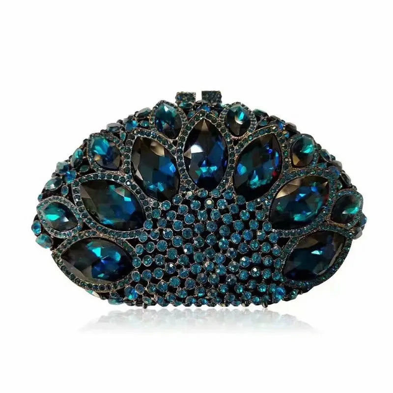 Women Green Blue Pink Champagne Peacock Crystal Clutch Purse Diamond Wedding Bridal Party Evening Bag Cocktail Banquet Handbags
