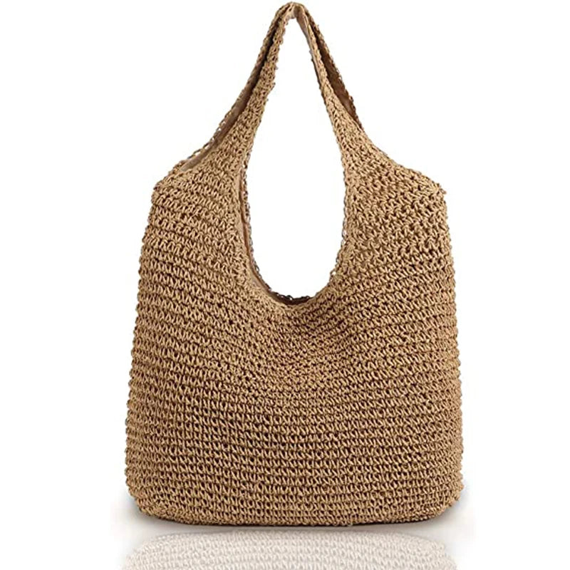 Women Hand-woven Soft Large Straw Shoulder Bag Boho Straw Handle Tote Retro Summer Beach Bag Rattan Handbag
