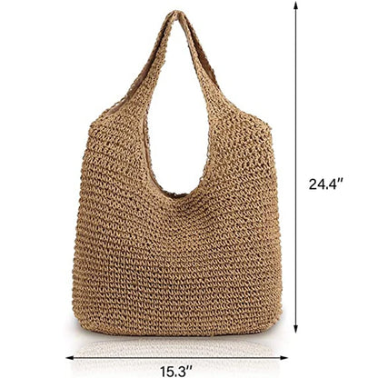 Women Hand-woven Soft Large Straw Shoulder Bag Boho Straw Handle Tote Retro Summer Beach Bag Rattan Handbag