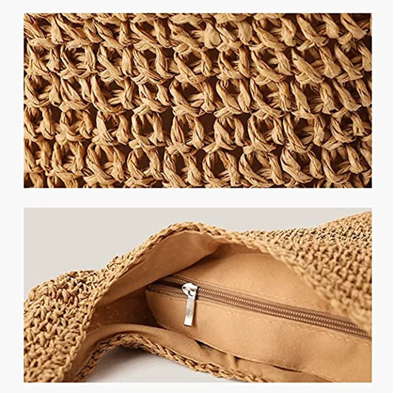 Women Hand-woven Soft Large Straw Shoulder Bag Boho Straw Handle Tote Retro Summer Beach Bag Rattan Handbag