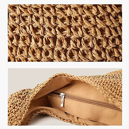 Women Hand-woven Soft Large Straw Shoulder Bag Boho Straw Handle Tote Retro Summer Beach Bag Rattan Handbag