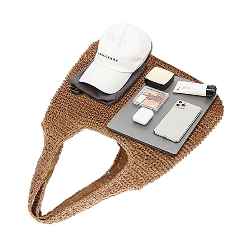 Women Hand-woven Soft Large Straw Shoulder Bag Boho Straw Handle Tote Retro Summer Beach Bag Rattan Handbag