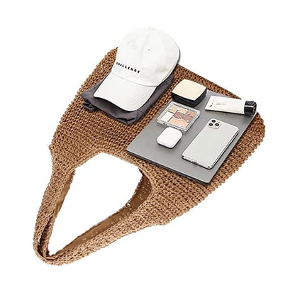 Women Hand-woven Soft Large Straw Shoulder Bag Boho Straw Handle Tote Retro Summer Beach Bag Rattan Handbag