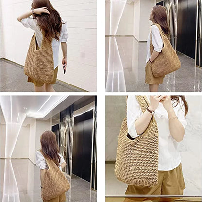 Women Hand-woven Soft Large Straw Shoulder Bag Boho Straw Handle Tote Retro Summer Beach Bag Rattan Handbag