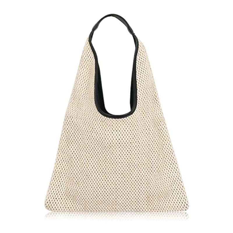Women Hand-woven Straw Shoulder Bag Boho Black Leather Top Handle Tote Retro Summer Beach Bag Holiday Travel Handbag