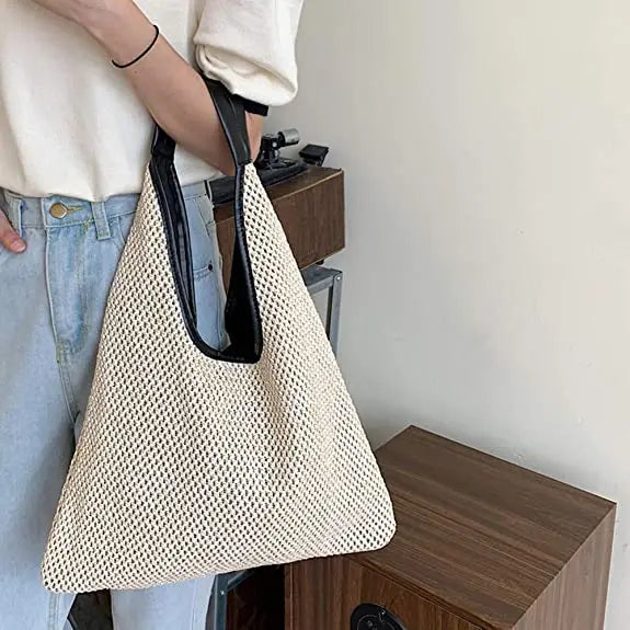 Women Hand-woven Straw Shoulder Bag Boho Black Leather Top Handle Tote Retro Summer Beach Bag Holiday Travel Handbag