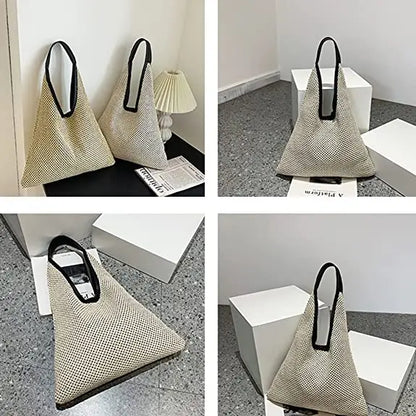 Women Hand-woven Straw Shoulder Bag Boho Black Leather Top Handle Tote Retro Summer Beach Bag Holiday Travel Handbag
