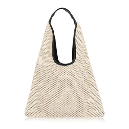 Women Hand-woven Straw Shoulder Bag Boho Black Leather Top Handle Tote Retro Summer Beach Bag Holiday Travel Handbag