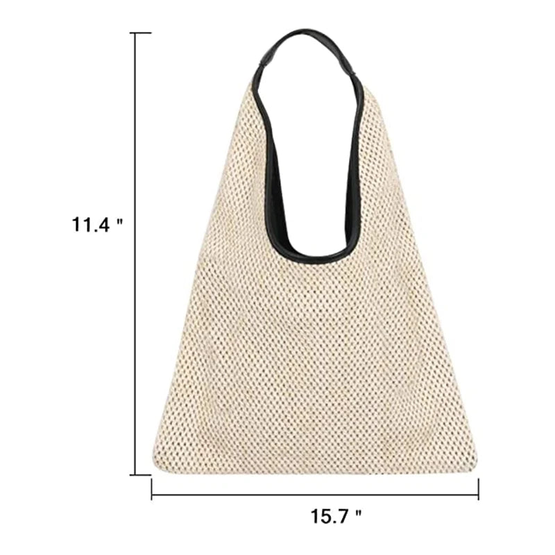 Women Hand-woven Straw Shoulder Bag Boho Black Leather Top Handle Tote Retro Summer Beach Bag Holiday Travel Handbag