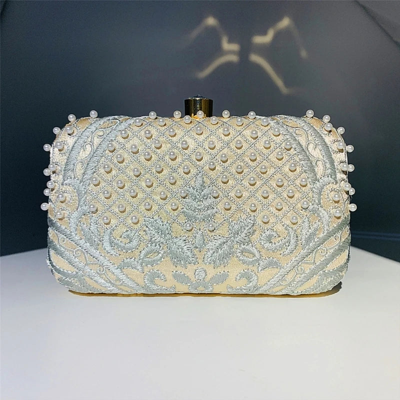 Women Handbag Evening Bag Party Bridal Clutch Embroidery Prom Wedding Purse Shoulder Crossbody Bags Detachable Chain