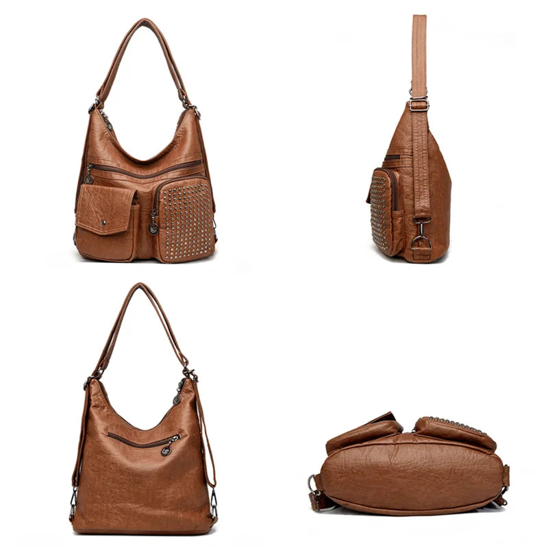 Women Handbag Luxury Designer Handbag Solid Color Messenger Bag Large Capacity Casual Ladies Shoulder Bag Rivet Leather Tote Bag