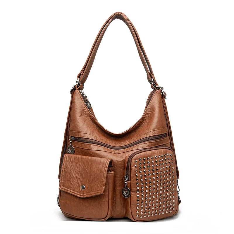 Women Handbag Luxury Designer Handbag Solid Color Messenger Bag Large Capacity Casual Ladies Shoulder Bag Rivet Leather Tote Bag