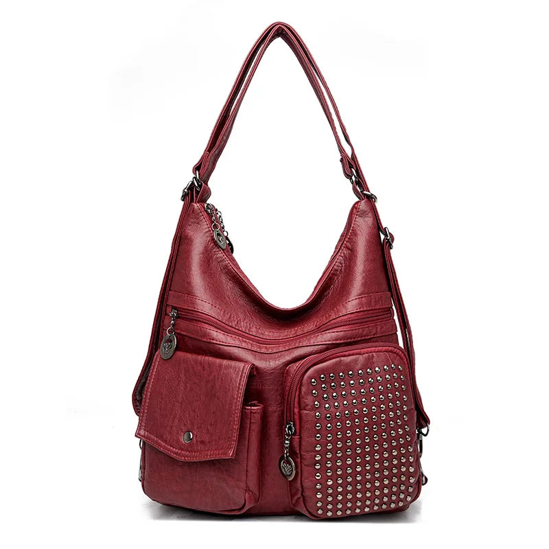 Women Handbag Luxury Designer Handbag Solid Color Messenger Bag Large Capacity Casual Ladies Shoulder Bag Rivet Leather Tote Bag