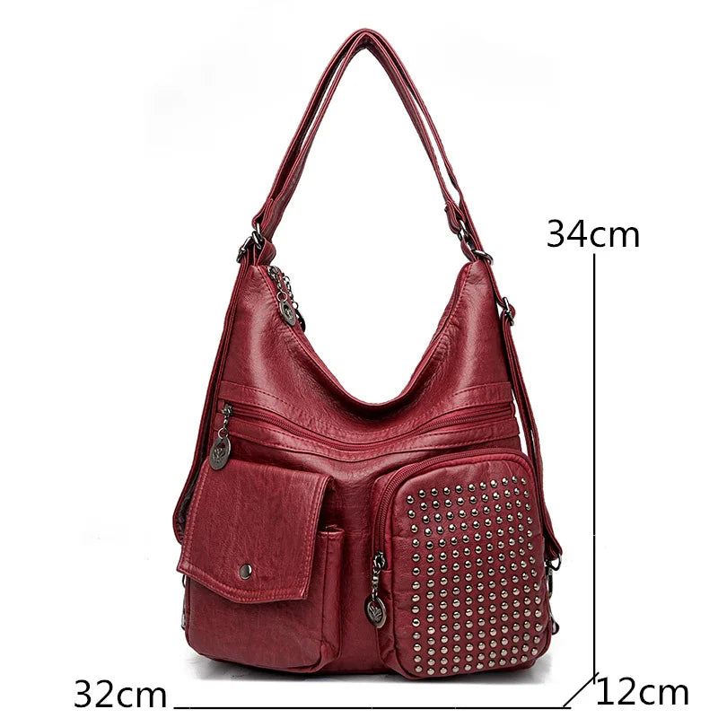 Women Handbag Luxury Designer Handbag Solid Color Messenger Bag Large Capacity Casual Ladies Shoulder Bag Rivet Leather Tote Bag