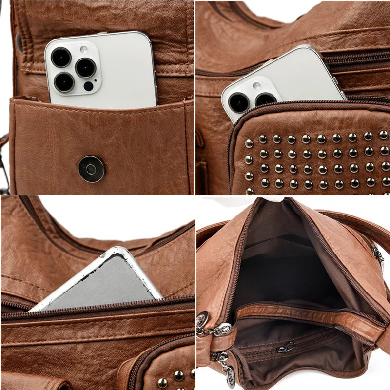 Women Handbag Luxury Designer Handbag Solid Color Messenger Bag Large Capacity Casual Ladies Shoulder Bag Rivet Leather Tote Bag