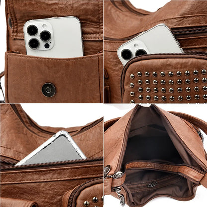 Women Handbag Luxury Designer Handbag Solid Color Messenger Bag Large Capacity Casual Ladies Shoulder Bag Rivet Leather Tote Bag