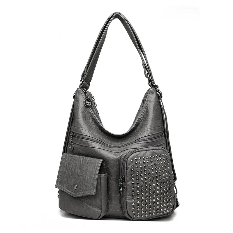 Women Handbag Luxury Designer Handbag Solid Color Messenger Bag Large Capacity Casual Ladies Shoulder Bag Rivet Leather Tote Bag