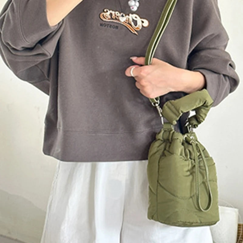 Women Handbag Nylon Down Puffer Crossbody Bag Fashionable Bucket Shoulder Bag