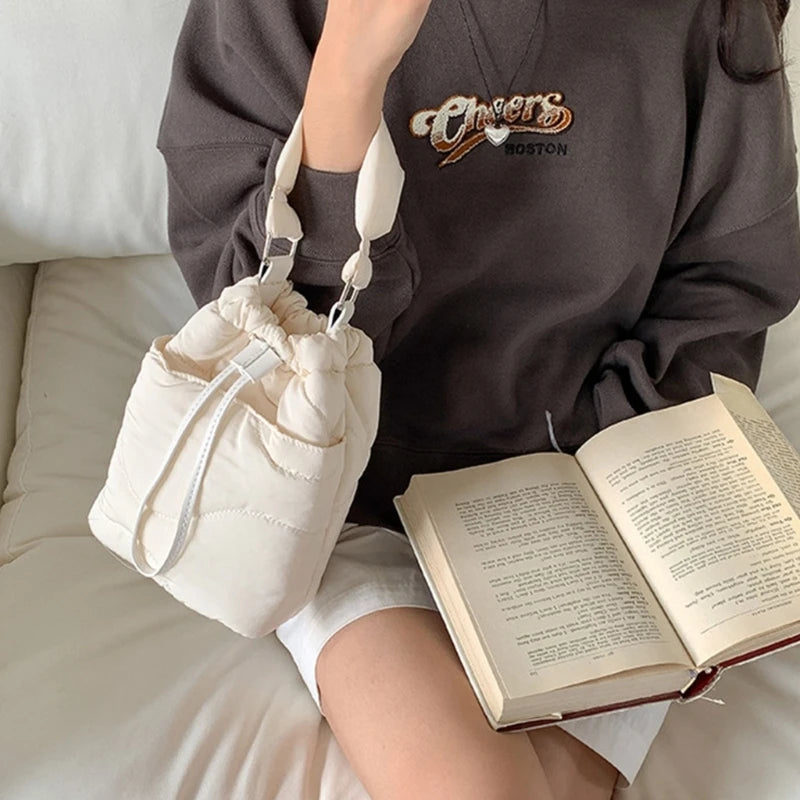 Women Handbag Nylon Down Puffer Crossbody Bag Fashionable Bucket Shoulder Bag