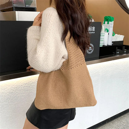 Women Handmade Knitting Weave Shoulder Bag Fashion Trend Large Capacity Handbag Lady Luxury Design Travel Totes