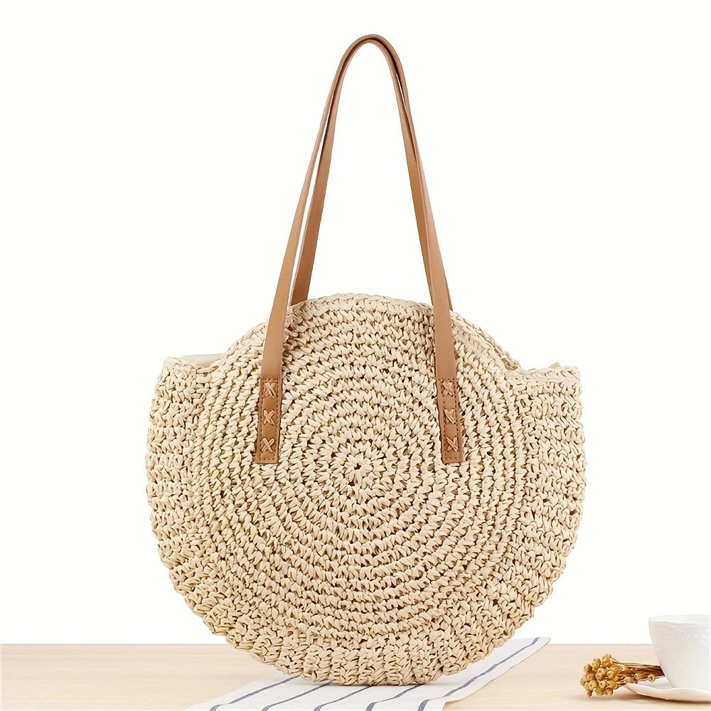 Women Handmade Woven Totes Bag Summer Beach Round Straw Bags for Women Rattan Shoulder Female 2023 Message Handbag