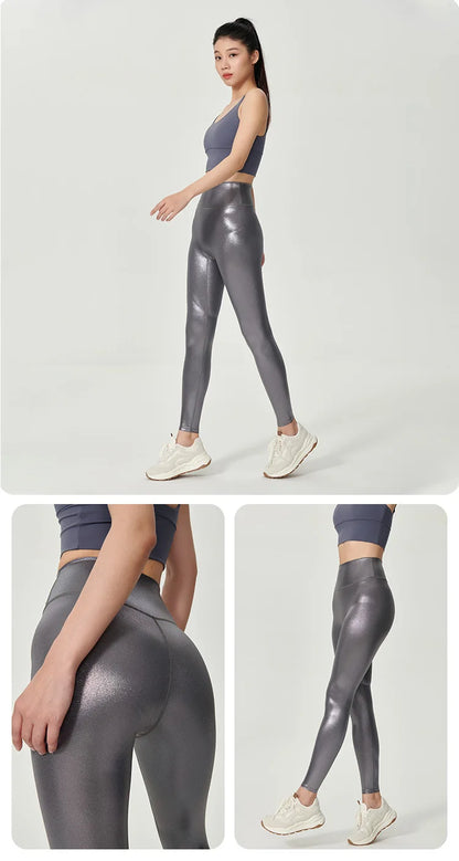 Women High Waist Pants With Sexy Tight Silver Pressed Leggings