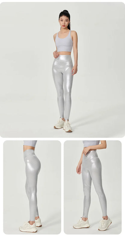Women High Waist Pants With Sexy Tight Silver Pressed Leggings
