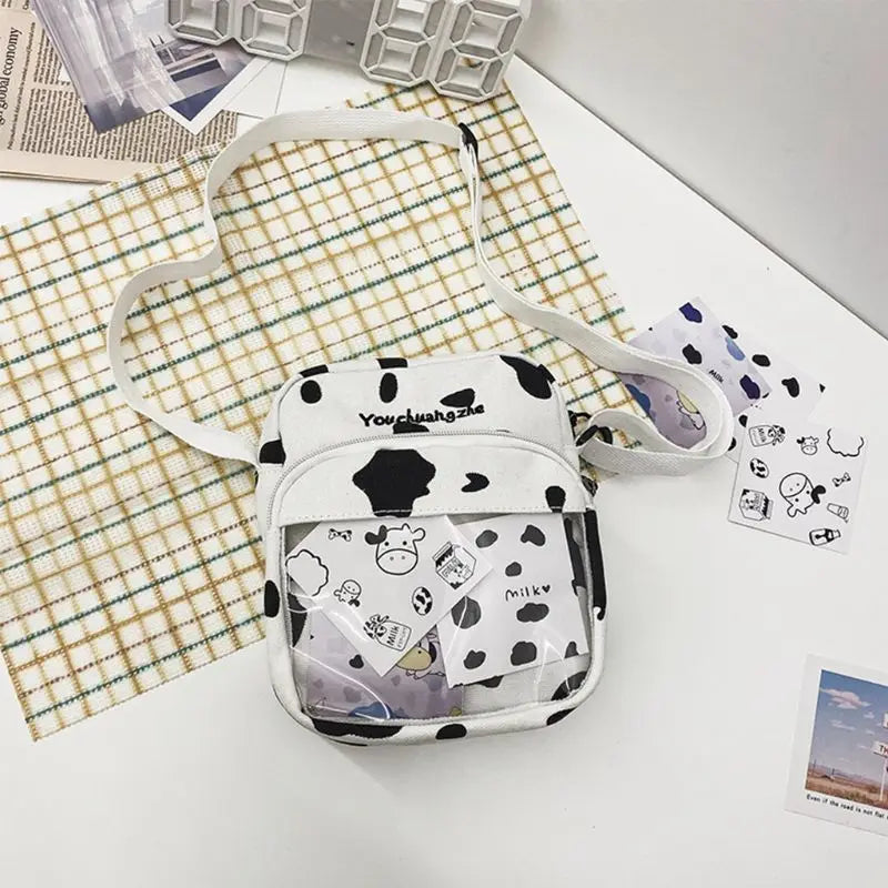 Women Ladies Cartoon Cow Print Shoulder Bag Canvas Crossbody Tote Purse Messenger Satchel Tote