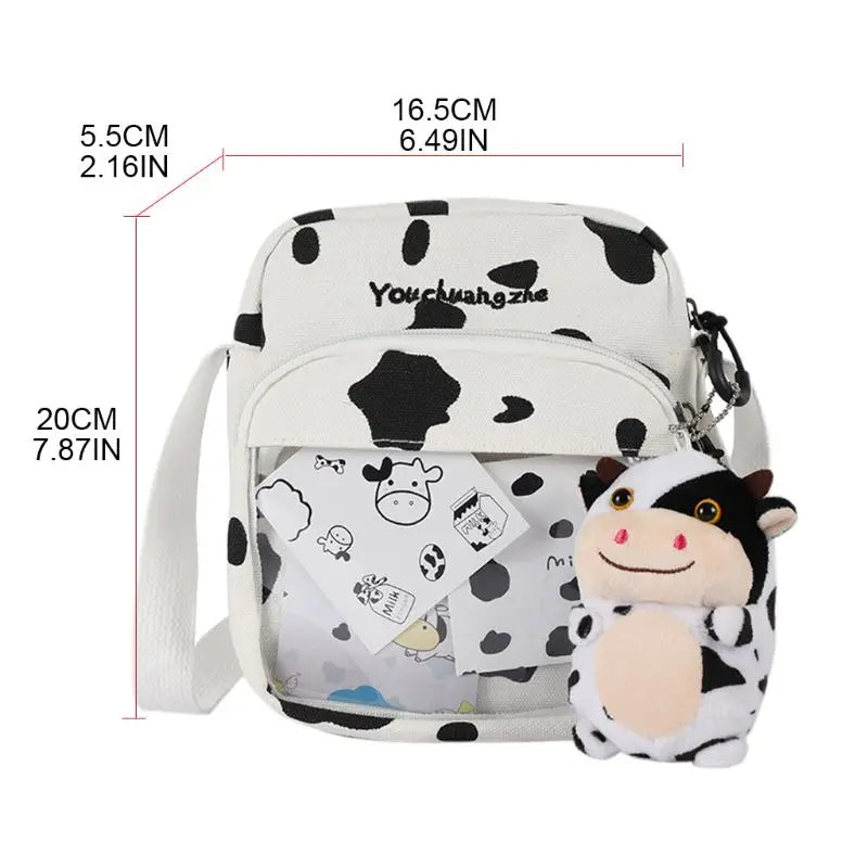 Women Ladies Cartoon Cow Print Shoulder Bag Canvas Crossbody Tote Purse Messenger Satchel Tote