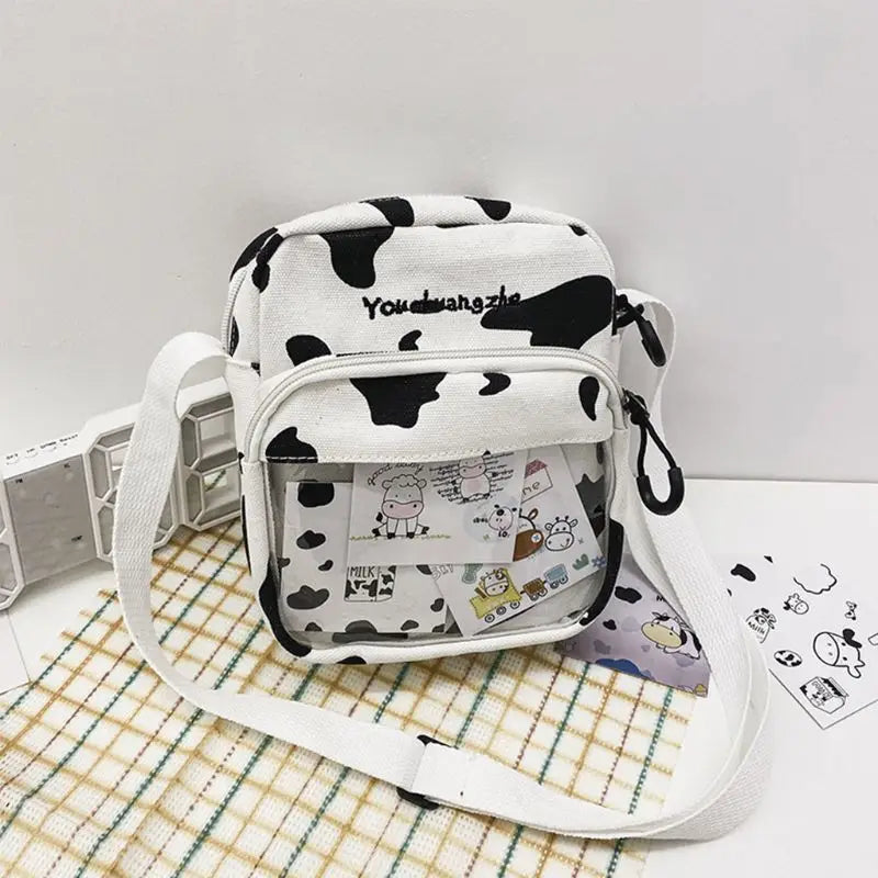 Women Ladies Cartoon Cow Print Shoulder Bag Canvas Crossbody Tote Purse Messenger Satchel Tote
